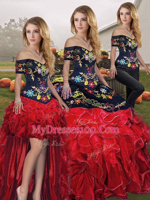 Best Red And Black Organza Lace Up 15th Birthday Dress Sleeveless Floor Length Embroidery and Ruffles