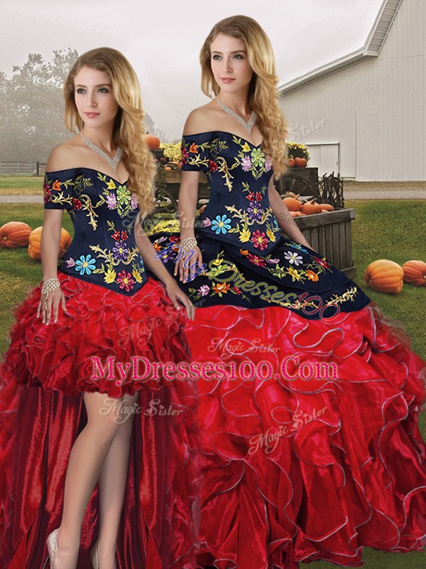 Best Red And Black Organza Lace Up 15th Birthday Dress Sleeveless Floor Length Embroidery and Ruffles