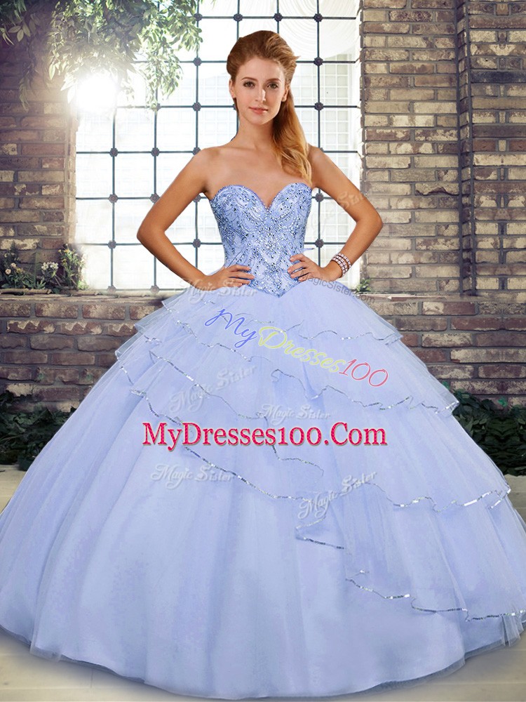 Fashionable Lace Up Quinceanera Dress Lavender for Military Ball and Sweet 16 and Quinceanera with Beading and Ruffled Layers Brush Train