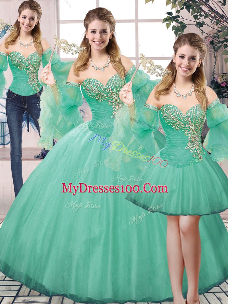 Ball Gowns Quinceanera Dress Turquoise Sweetheart Tulle Sleeveless Floor Length Lace Up