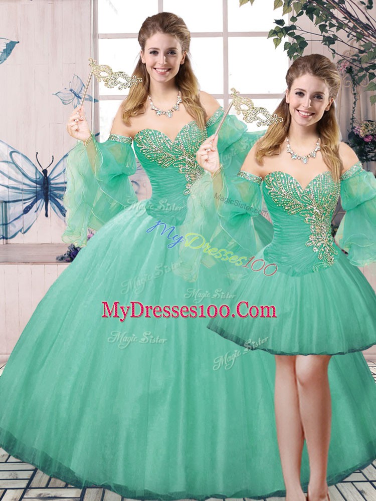 Ball Gowns Quinceanera Dress Turquoise Sweetheart Tulle Sleeveless Floor Length Lace Up
