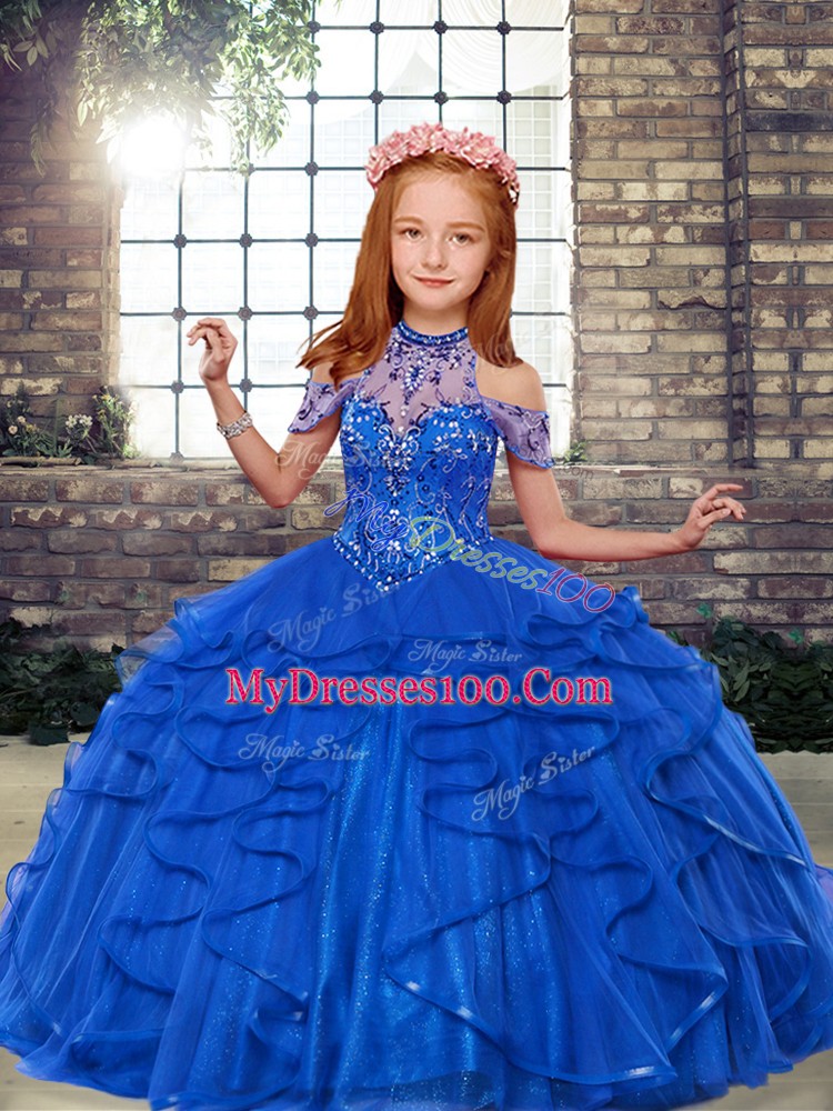 Blue Tulle Lace Up High-neck Sleeveless Floor Length Pageant Dress for Teens Beading and Ruffles