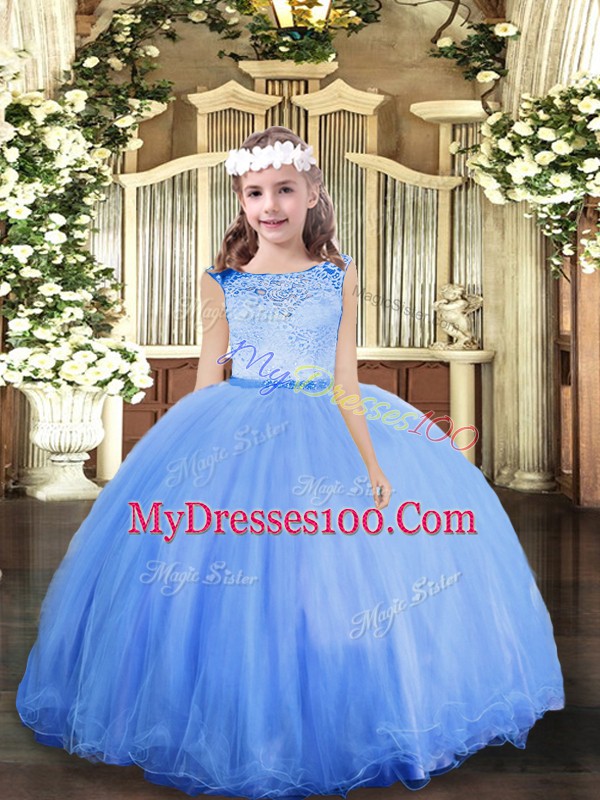 Blue Zipper Scoop Lace Little Girl Pageant Gowns Tulle Sleeveless