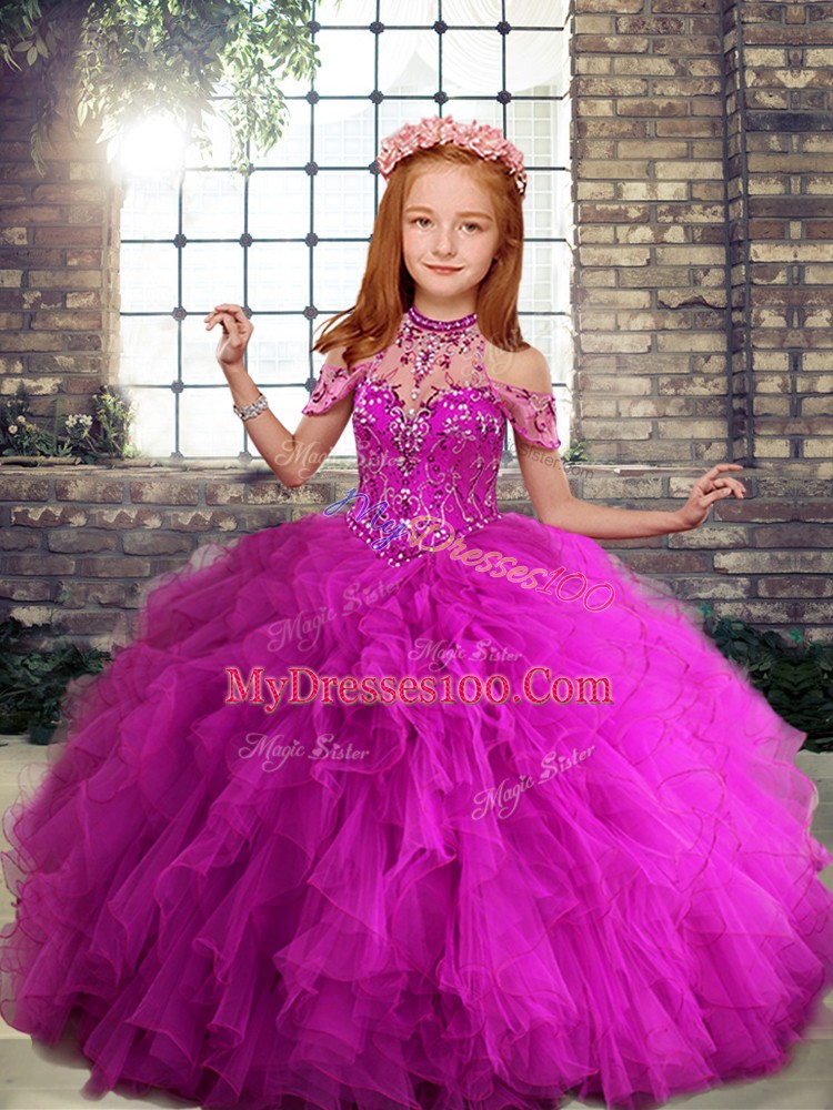 Fancy High-neck Sleeveless Lace Up Kids Pageant Dress Fuchsia Tulle