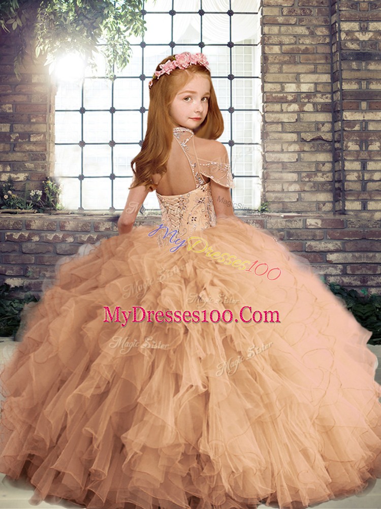 Fancy High-neck Sleeveless Lace Up Kids Pageant Dress Fuchsia Tulle