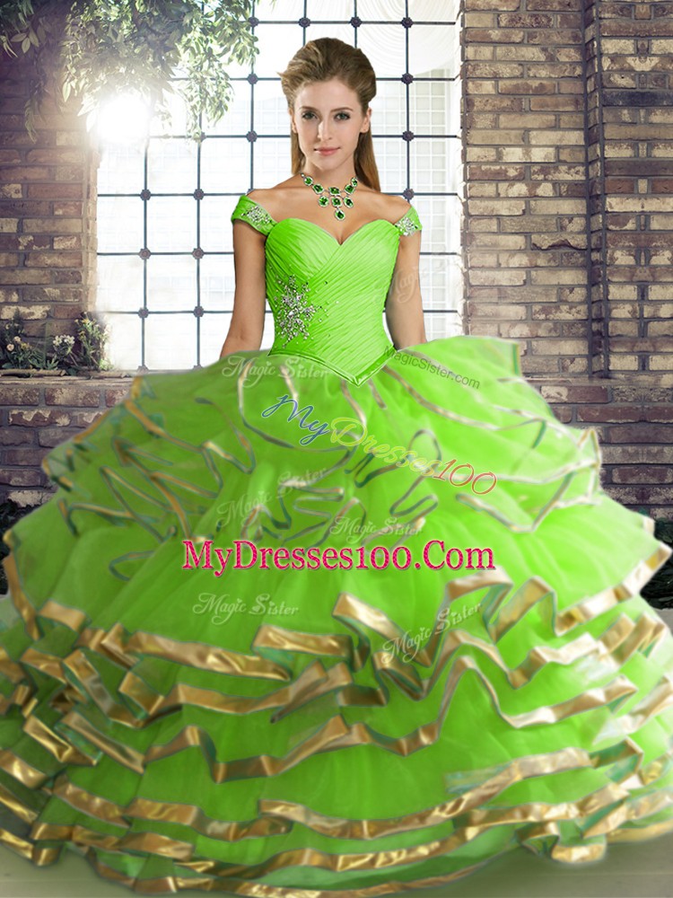 Attractive Floor Length 15th Birthday Dress Tulle Sleeveless Beading and Ruffled Layers