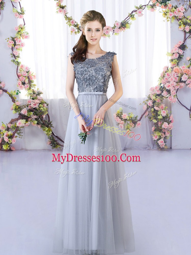 Glamorous Floor Length Lace Up Wedding Party Dress Grey for Wedding Party with Appliques