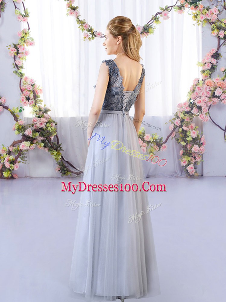 Glamorous Floor Length Lace Up Wedding Party Dress Grey for Wedding Party with Appliques