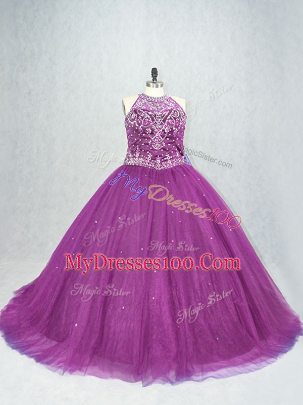 New Arrival Purple Tulle Lace Up Vestidos de Quinceanera Sleeveless Beading