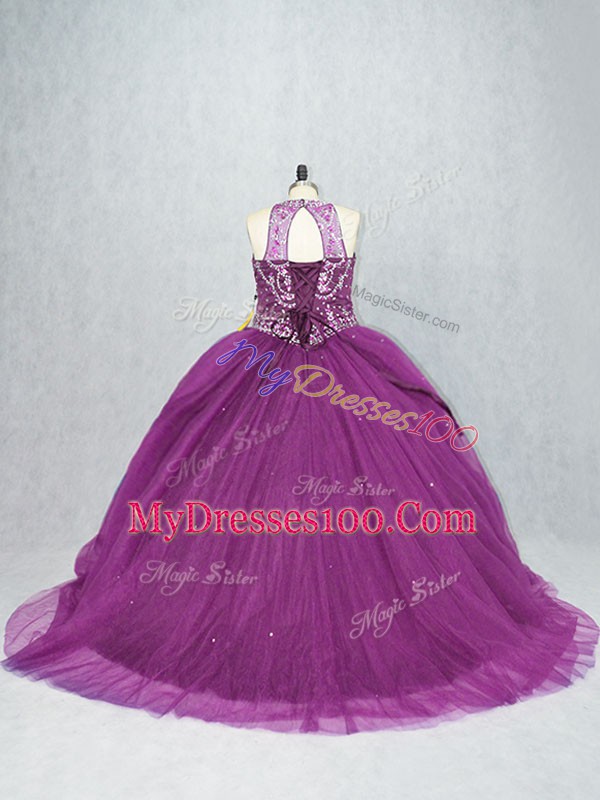 New Arrival Purple Tulle Lace Up Vestidos de Quinceanera Sleeveless Beading