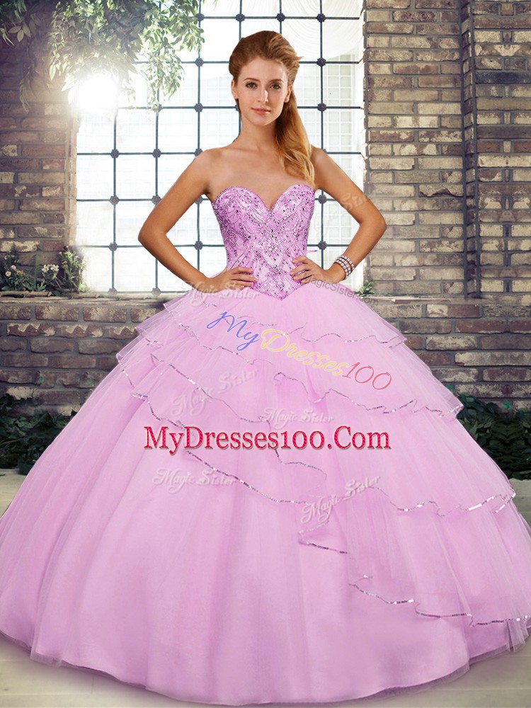 Lilac Lace Up Sweetheart Beading and Ruffled Layers Quinceanera Gown Tulle Sleeveless Brush Train