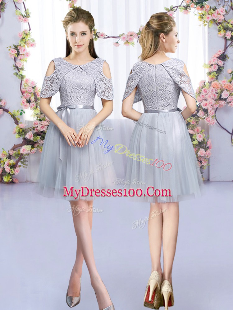 Captivating Empire Vestidos de Damas Grey Scoop Tulle Sleeveless Mini Length Zipper