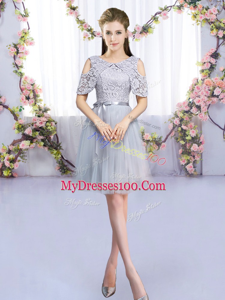 Captivating Empire Vestidos de Damas Grey Scoop Tulle Sleeveless Mini Length Zipper