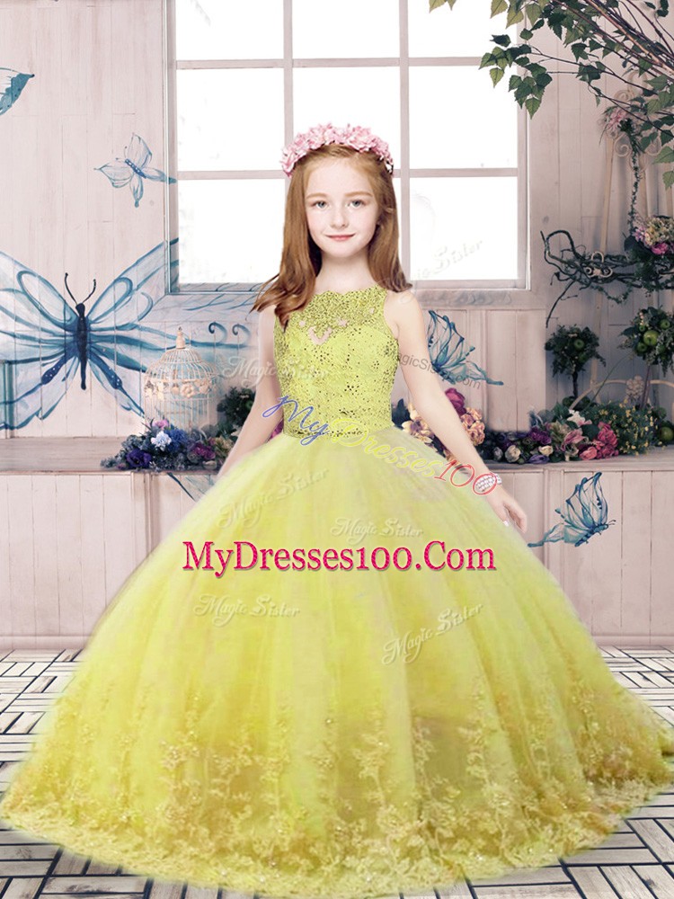 Yellow Green Sleeveless Tulle Backless Little Girl Pageant Gowns for Party and Wedding Party