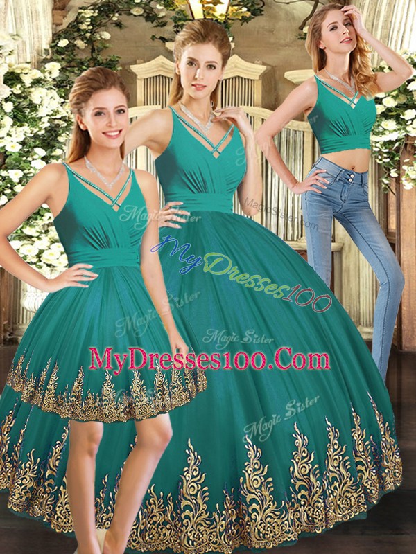 Adorable Tulle V-neck Sleeveless Backless Embroidery Sweet 16 Dress in Turquoise