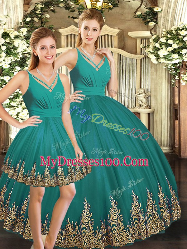 Adorable Tulle V-neck Sleeveless Backless Embroidery Sweet 16 Dress in Turquoise