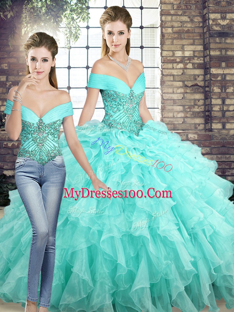 Elegant Sleeveless Beading and Ruffles Lace Up Vestidos de Quinceanera with Aqua Blue Brush Train