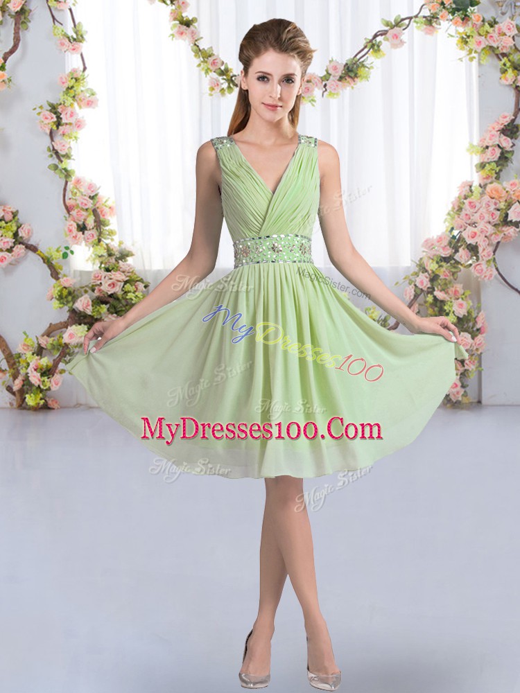 Best Yellow Green V-neck Neckline Beading Wedding Party Dress Sleeveless Zipper