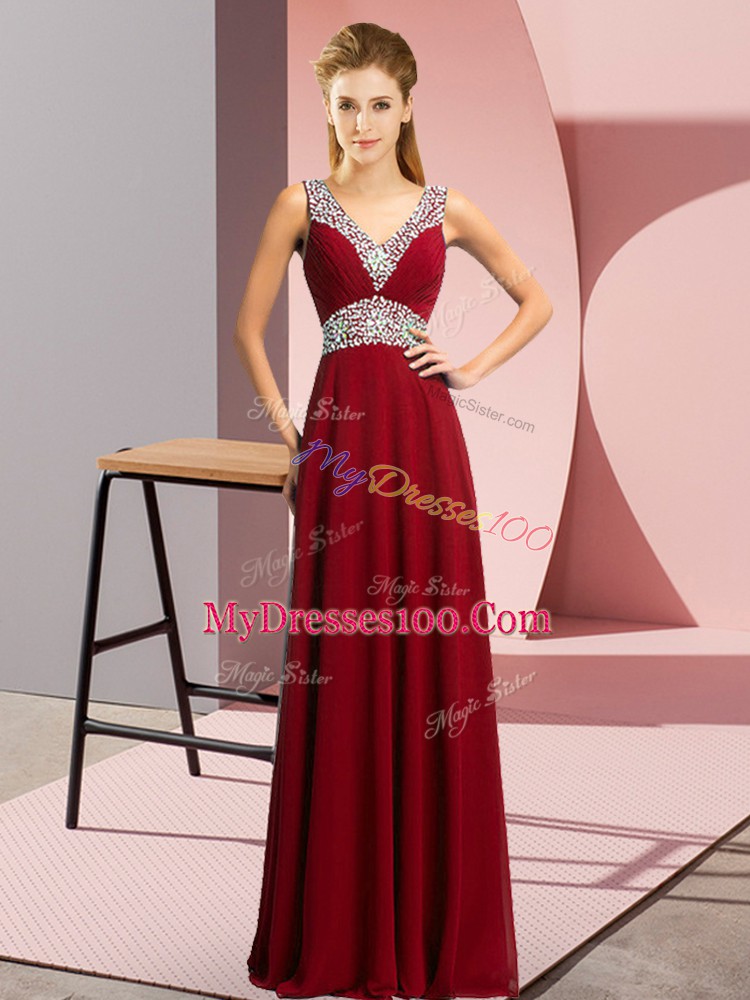 Modest Chiffon Sleeveless Floor Length Prom Dresses and Beading