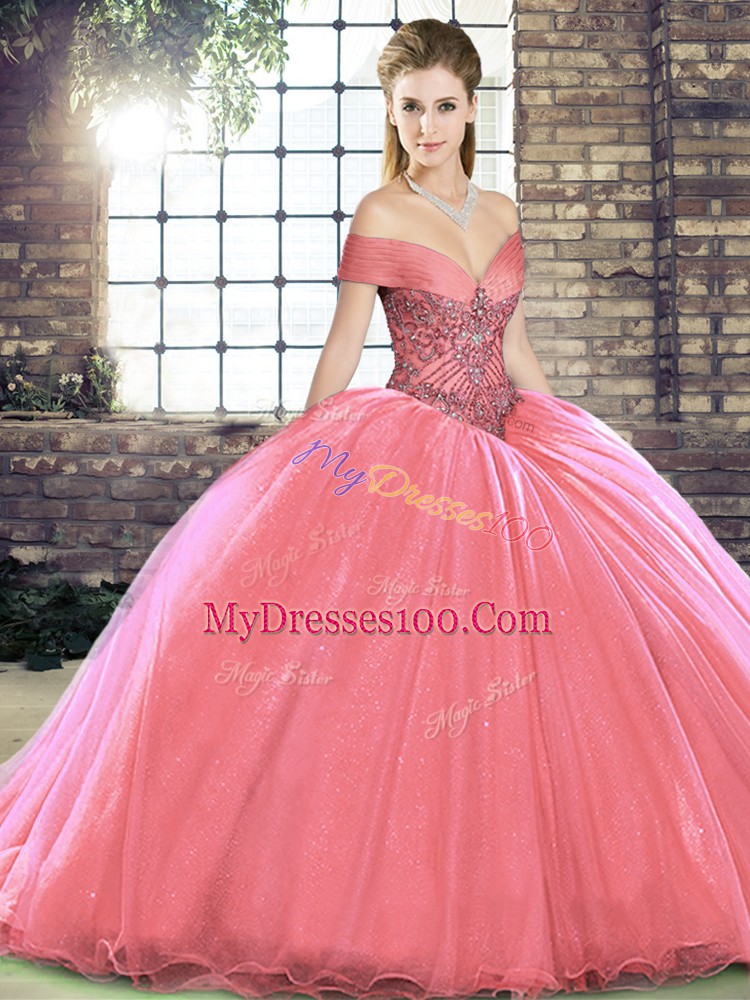 Lace Up Quinceanera Dresses Watermelon Red for Military Ball and Sweet 16 and Quinceanera with Beading Brush Train