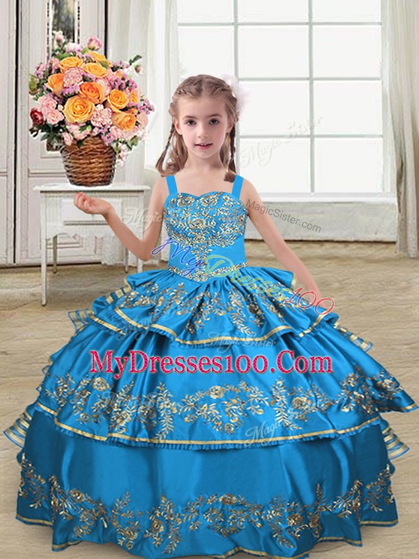 Ball Gowns Little Girls Pageant Dress Blue Straps Satin Sleeveless Floor Length Lace Up