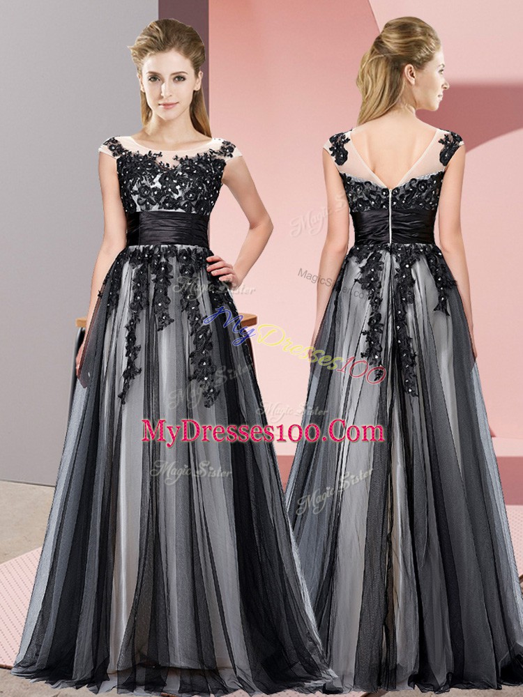 Scoop Sleeveless Zipper Bridesmaid Dress Black Tulle