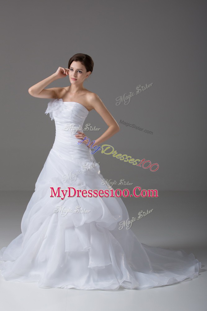Popular White Organza Lace Up Strapless Sleeveless Wedding Gown Brush Train Pick Ups and Hand Made Flower