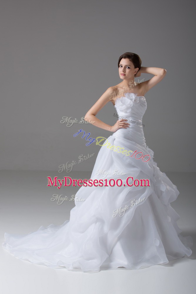Popular White Organza Lace Up Strapless Sleeveless Wedding Gown Brush Train Pick Ups and Hand Made Flower