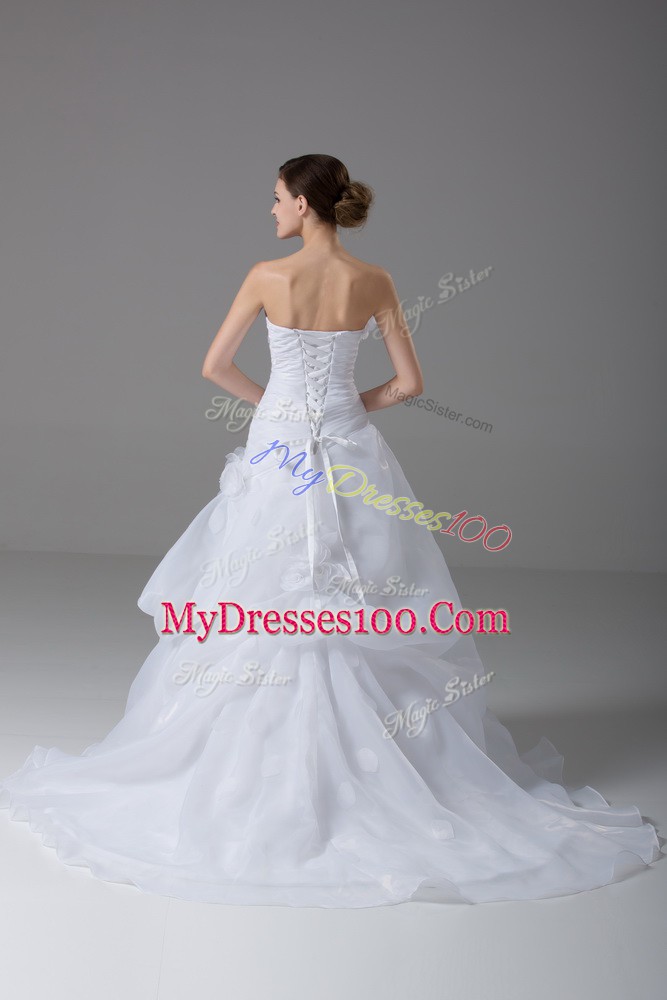 Popular White Organza Lace Up Strapless Sleeveless Wedding Gown Brush Train Pick Ups and Hand Made Flower