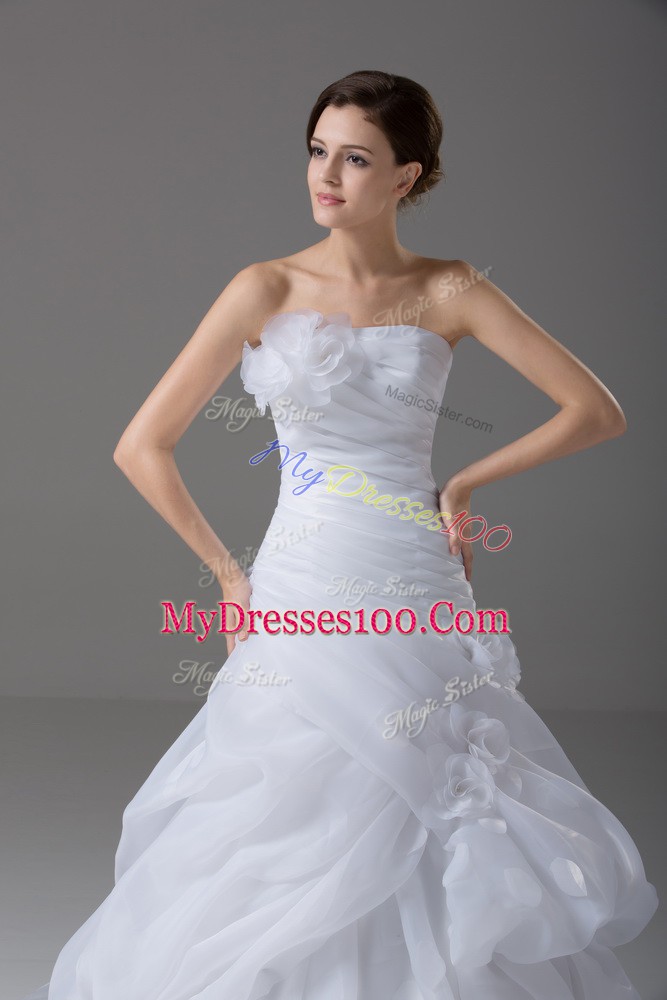Popular White Organza Lace Up Strapless Sleeveless Wedding Gown Brush Train Pick Ups and Hand Made Flower