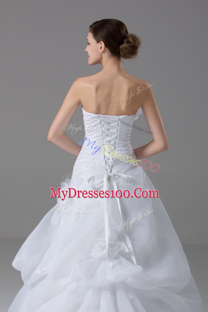 Popular White Organza Lace Up Strapless Sleeveless Wedding Gown Brush Train Pick Ups and Hand Made Flower