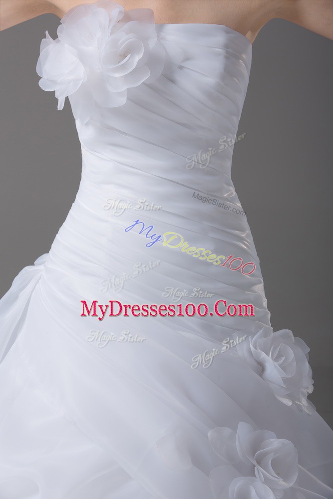 Popular White Organza Lace Up Strapless Sleeveless Wedding Gown Brush Train Pick Ups and Hand Made Flower