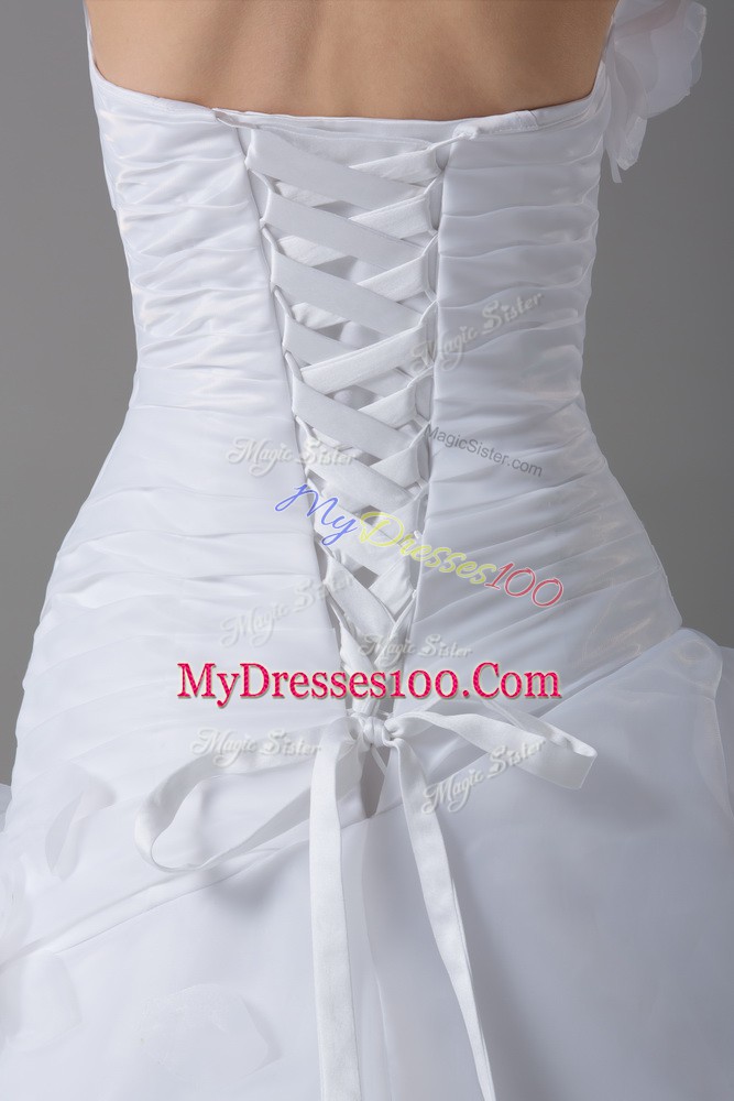 Popular White Organza Lace Up Strapless Sleeveless Wedding Gown Brush Train Pick Ups and Hand Made Flower