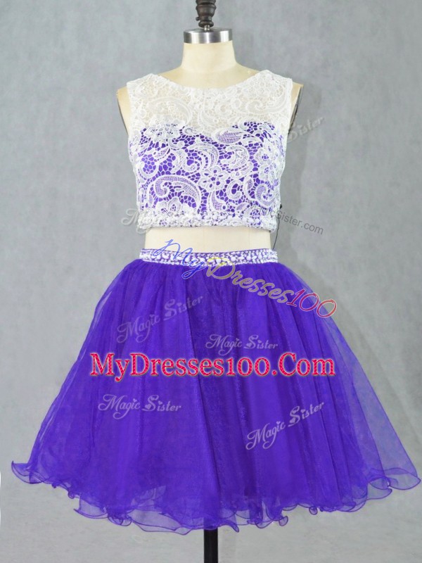 Lace and Appliques Dress for Prom Purple Zipper Sleeveless Mini Length