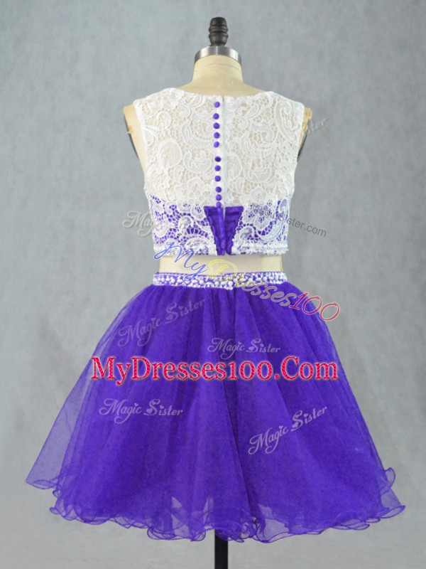 Lace and Appliques Dress for Prom Purple Zipper Sleeveless Mini Length
