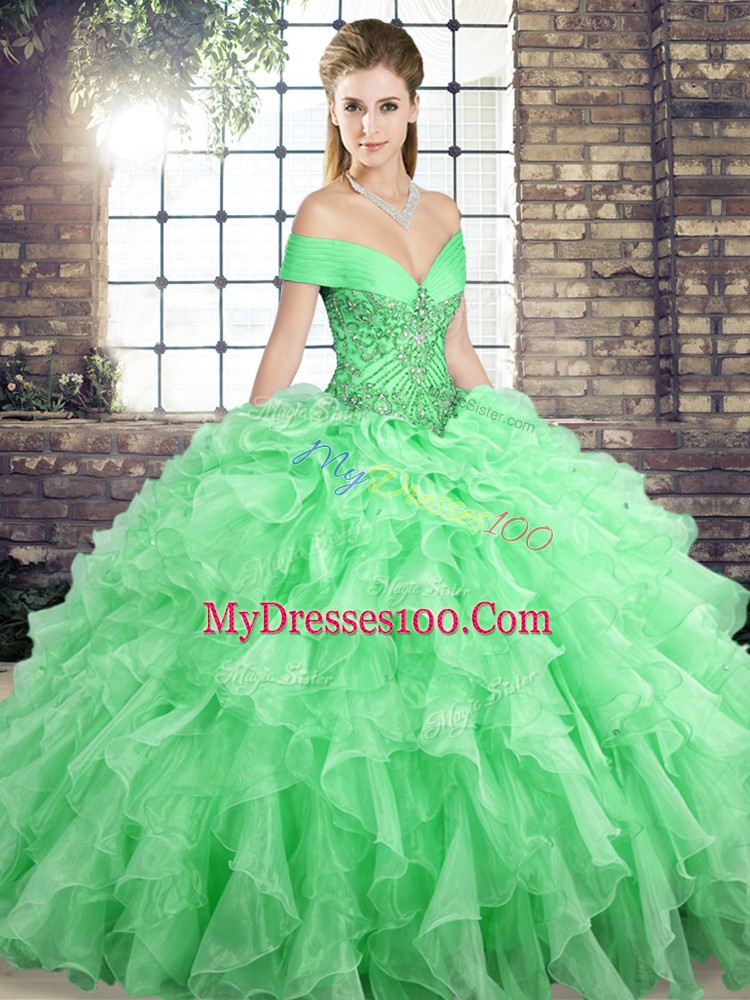 Customized Ball Gowns Sleeveless Apple Green Quince Ball Gowns Brush Train Lace Up