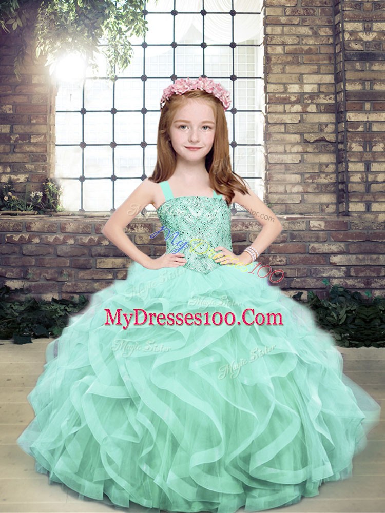 Apple Green Straps Neckline Beading and Ruffles Little Girl Pageant Dress Sleeveless Lace Up