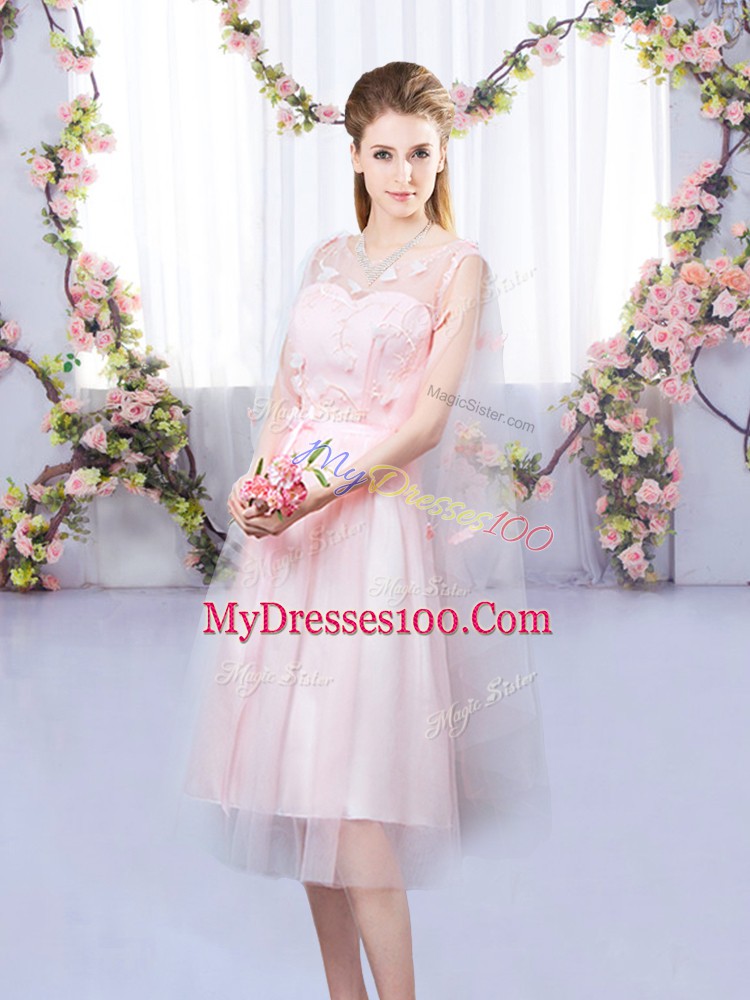 Cheap Baby Pink Sleeveless Appliques and Belt Tea Length Bridesmaid Dress