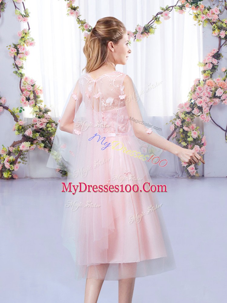 Cheap Baby Pink Sleeveless Appliques and Belt Tea Length Bridesmaid Dress