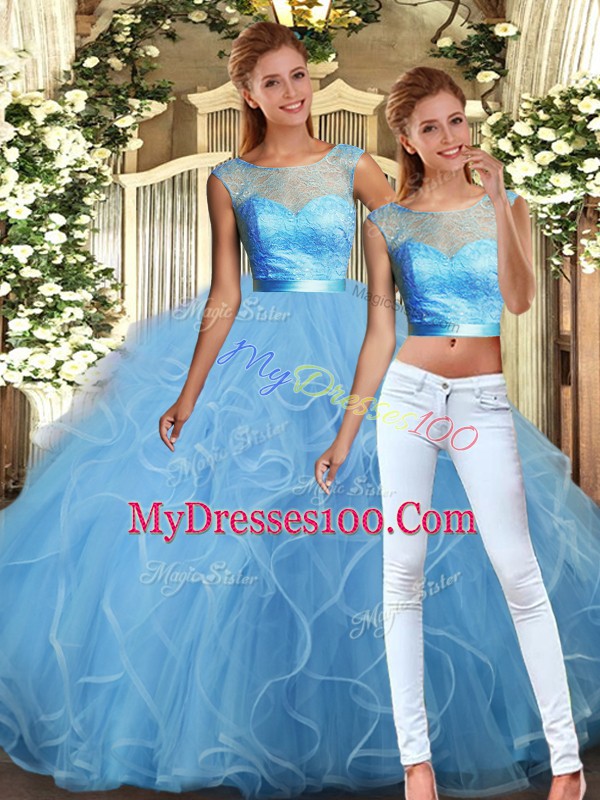 Baby Blue Sleeveless Tulle Backless Sweet 16 Dress for Military Ball and Sweet 16 and Quinceanera