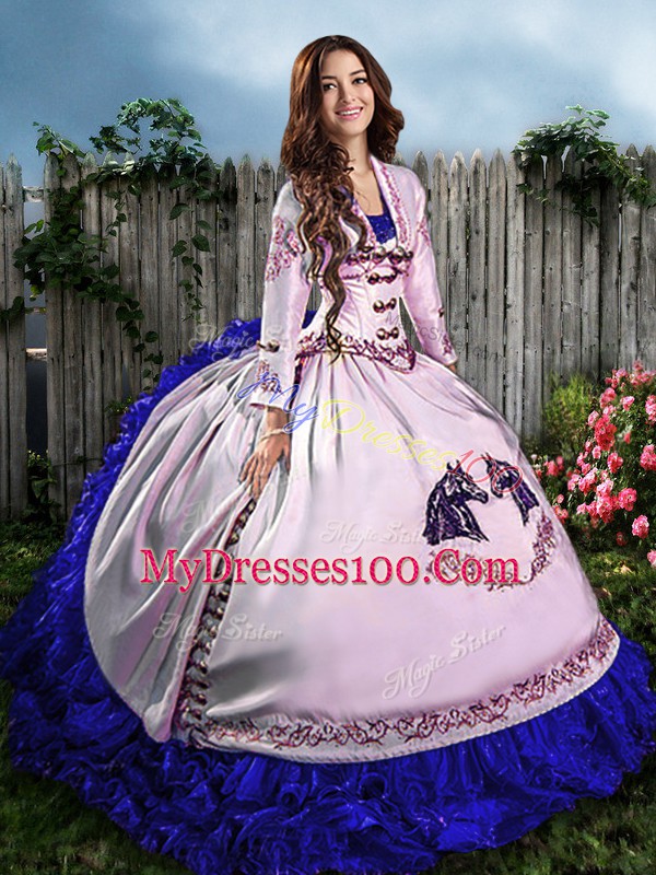 Blue And White 15 Quinceanera Dress Sweet 16 and Quinceanera with Embroidery and Ruffles Sweetheart Sleeveless Lace Up