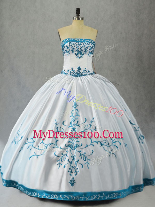 Designer White Sleeveless Embroidery Floor Length Quinceanera Gown