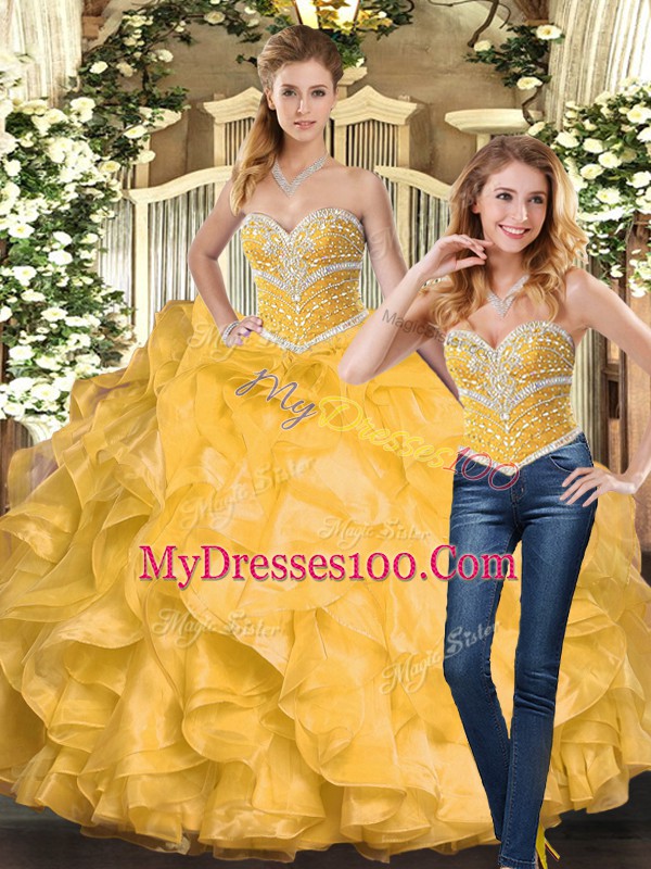 Gorgeous Floor Length Gold 15 Quinceanera Dress Sweetheart Sleeveless Lace Up