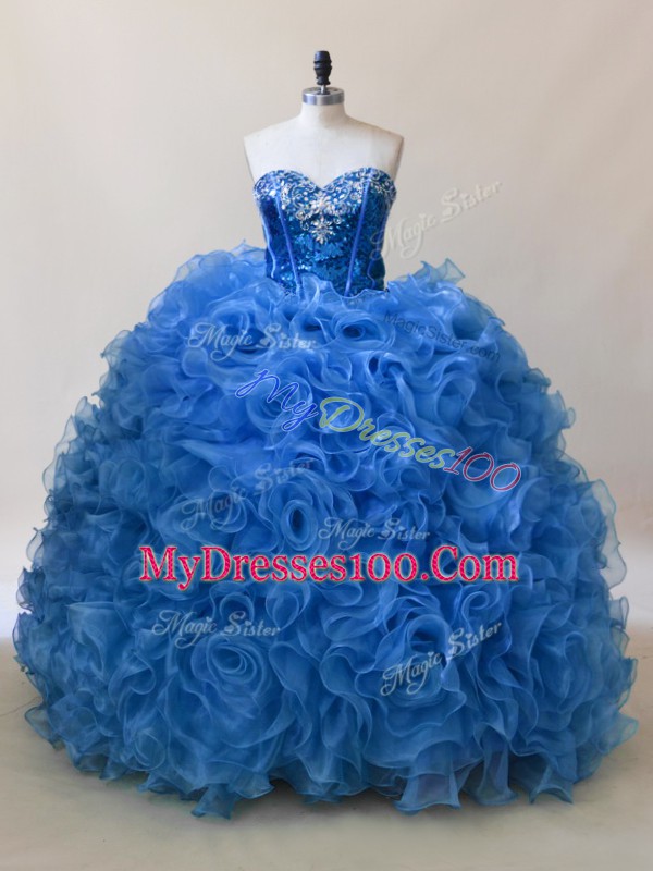 Sleeveless Floor Length Ruffles and Sequins Lace Up Quinceanera Gown with Blue