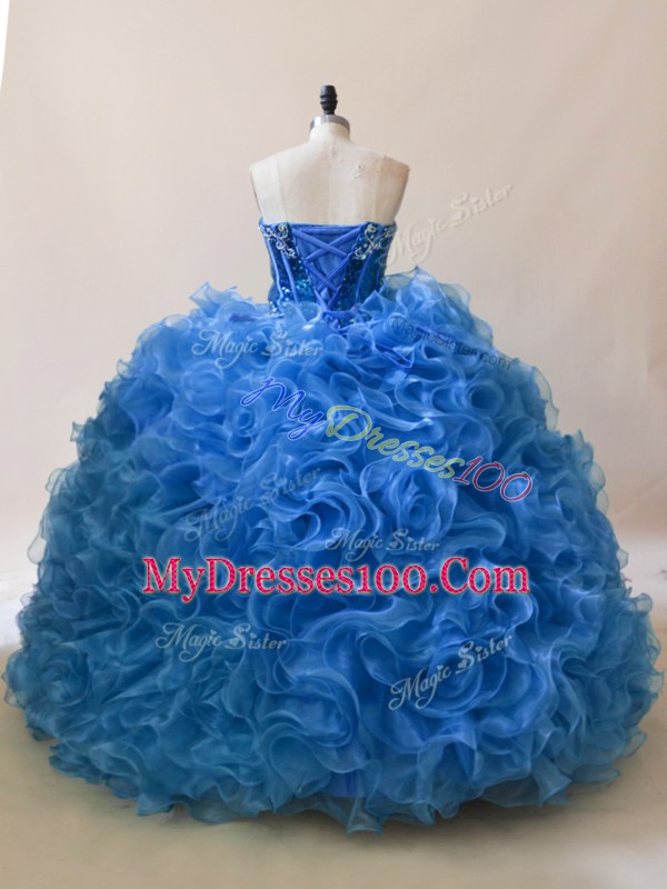 Sleeveless Floor Length Ruffles and Sequins Lace Up Quinceanera Gown with Blue