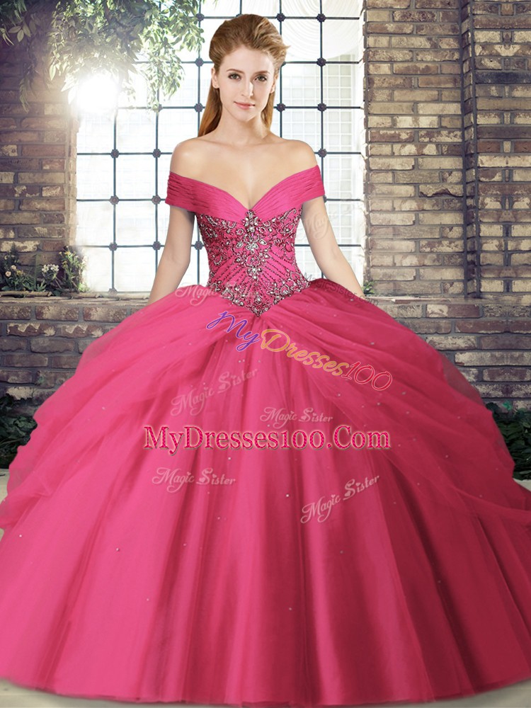 Flare Hot Pink Lace Up Off The Shoulder Beading and Pick Ups Quinceanera Gown Tulle Sleeveless Brush Train