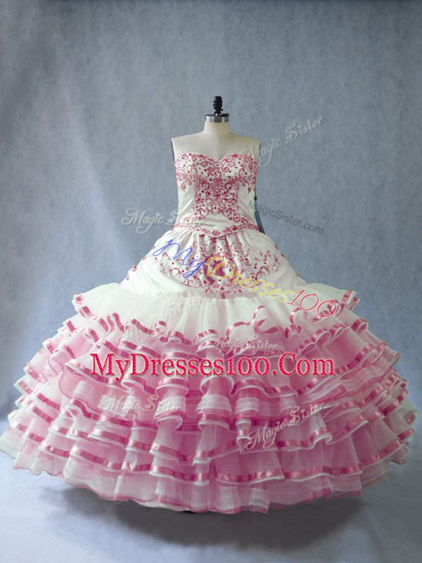 Fabulous Pink And White Lace Up Quince Ball Gowns Embroidery and Ruffled Layers and Bowknot Sleeveless Floor Length
