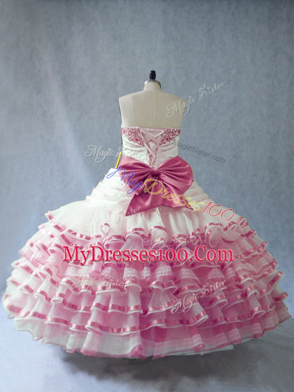 Fabulous Pink And White Lace Up Quince Ball Gowns Embroidery and Ruffled Layers and Bowknot Sleeveless Floor Length