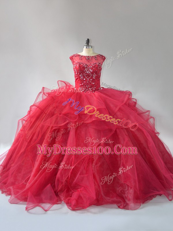 Enchanting Ball Gowns Sleeveless Wine Red Quinceanera Gowns Brush Train Lace Up