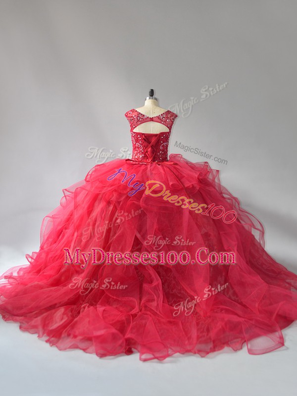 Enchanting Ball Gowns Sleeveless Wine Red Quinceanera Gowns Brush Train Lace Up